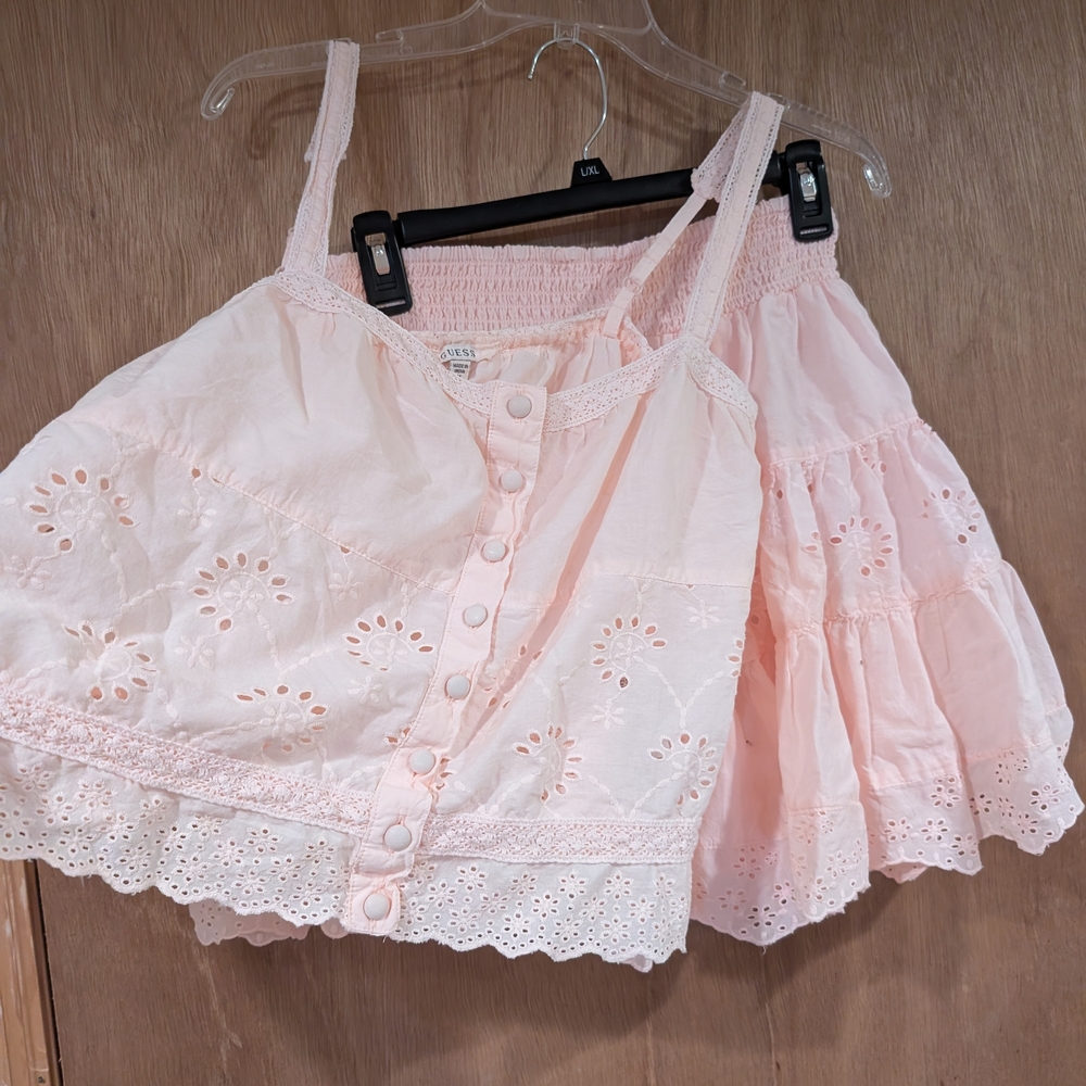 Guess Light Pink Lace Trim Top & Skirt set